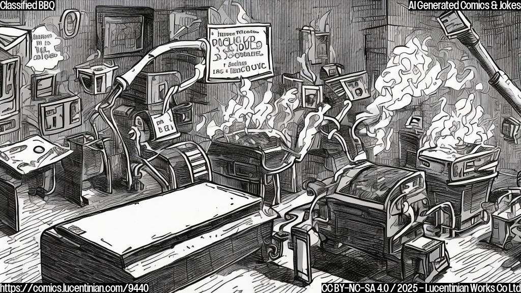Cartoon of a large, faceless government building with a smoking barbecue grill in front. Documents with question marks are being tossed onto the grill by a robotic arm labeled "Declassification". The smoke forms into a large speech bubble saying "Classified!"