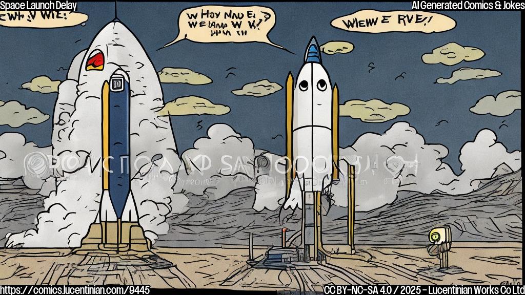 Plain color cartoon style picture of a sad-looking rocket sitting on a launchpad, with speech bubble saying "Are we there yet?"