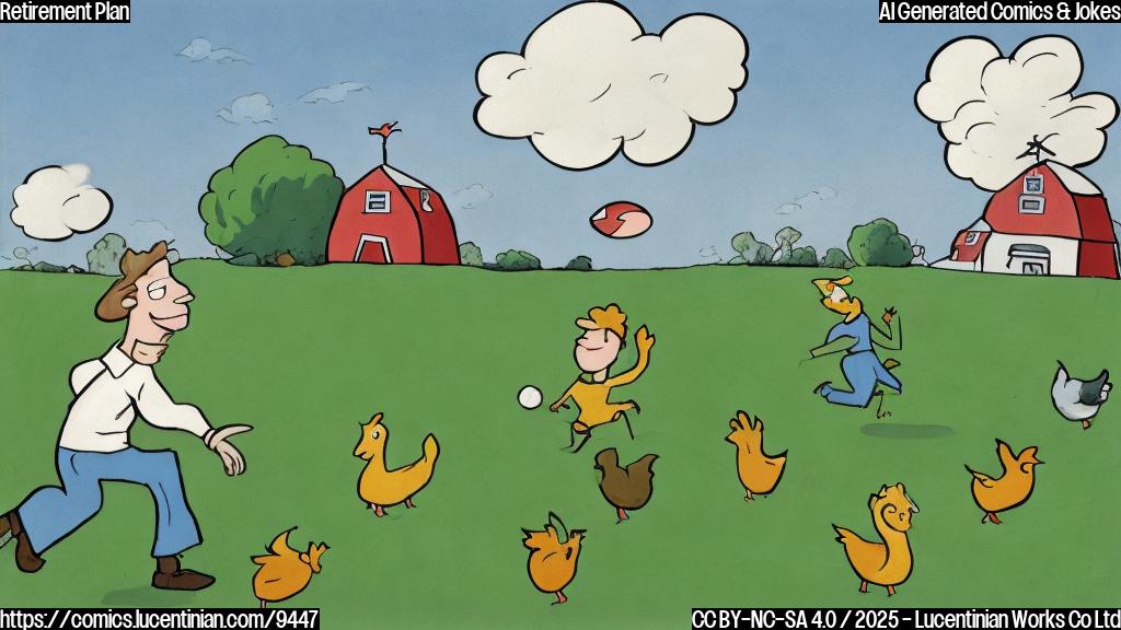 A cartoon drawing of a green farm, with a football wearing person chasing chickens. The sky is plain light blue. The drawing is in a simple, flat style with bright, solid colors.