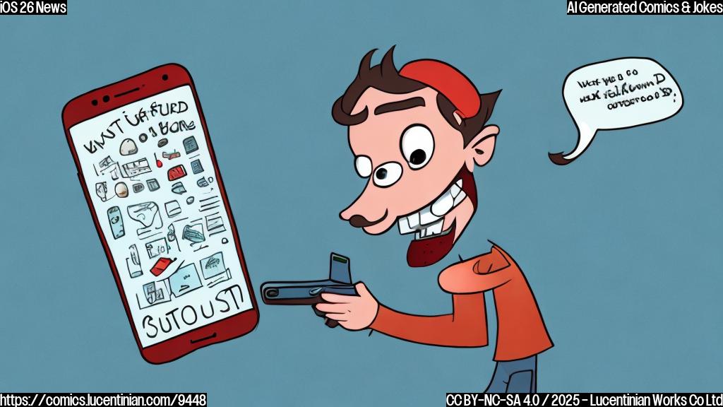 A confused cartoon character with a smartphone looking at a blank news screen that says "Stuff happened." The background is a plain light blue color.