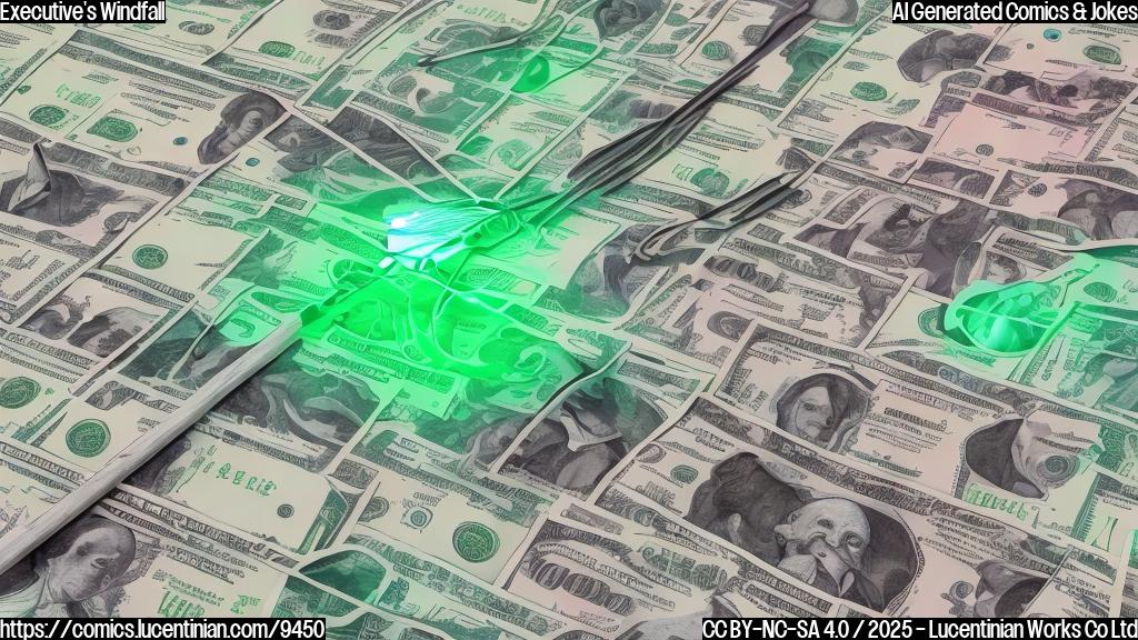 A plain color cartoon style image of a stick figure wearing a suit and tie doing the floss dance next to a simplified stock chart with a huge upward spike. Money is raining down on the stick figure. The background is a solid light green.
