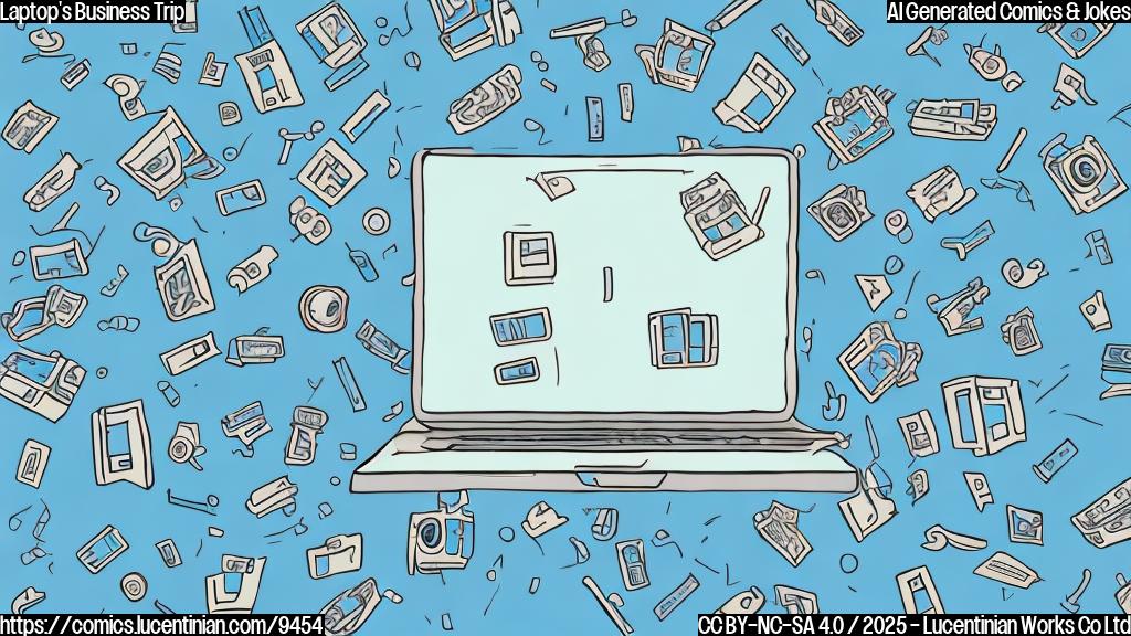 A cartoon style image with a plain light blue background. In the center, a simplified laptop computer with a smiling face is carrying a small, rectangular suitcase. The suitcase has a dollar sign on it. The laptop has antennas sticking out of its head.