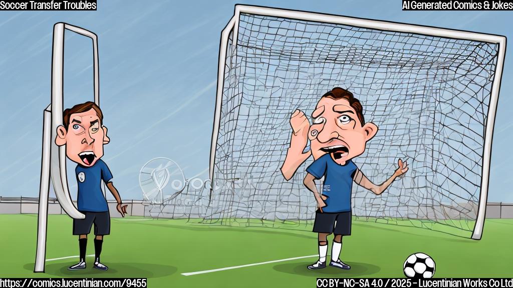 a cartoon drawing of a frustrated soccer coach with a clipboard, standing in front of a giant goalpost that is being wheeled away by a shadowy figure representing an agent, plain background.