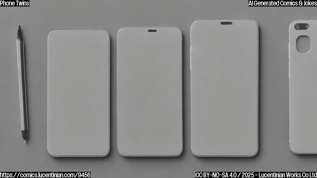 Draw a plain color cartoon style picture of two smartphones sitting next to each other on a table. They are both the same color, same size and nearly identical in design. One of them has a tiny crown on top, barely visible. The background is a solid light gray.