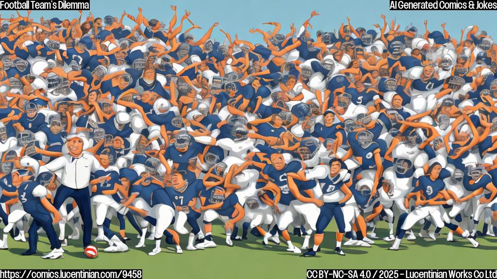 Cartoon illustration of a football coach scratching his head in confusion, surrounded by a large group of football players in various positions. The background is a sunny football field.