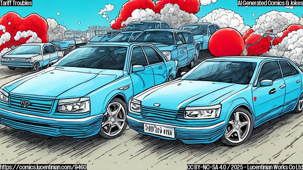 Cartoon of a sad, light blue sedan with a flat tire. In the background, a large, spiky red shape labeled "Tariff" looms. Plain background, cartoon style.