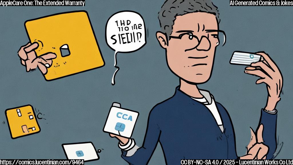 A plain, color cartoon-style image of a person surrounded by various tech devices (phone, tablet, laptop) with a worried expression. They're holding a credit card, and a speech bubble above them says "Help!". The background is a solid light blue color.