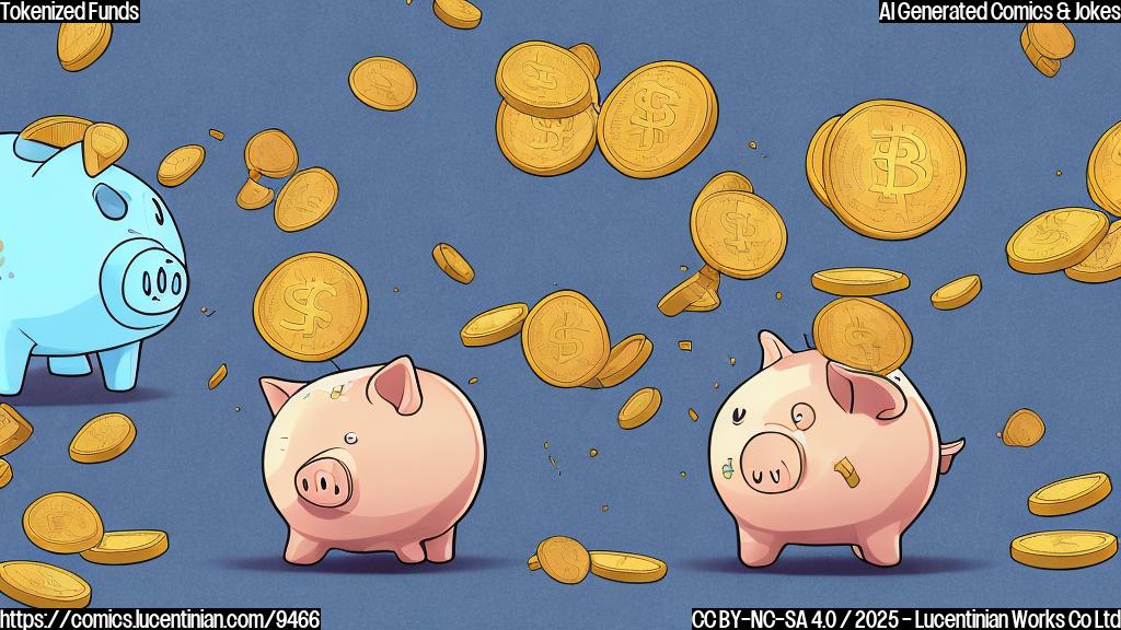 Plain color cartoon style image of a sad traditional money market fund, represented as a piggy bank with cracks, and a happy, shiny digital token floating away on a blockchain path.