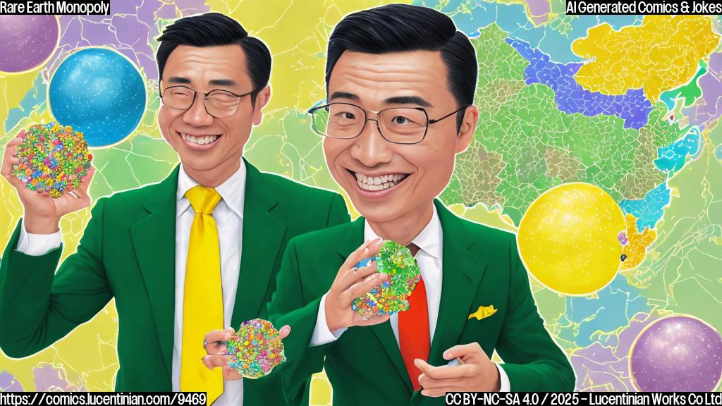 A cartoon-style picture depicting a green colored businessman in a suit gleefully clutching a handful of shimmering, multi-colored gems, with a map of China subtly visible in the background in plain yellow color.