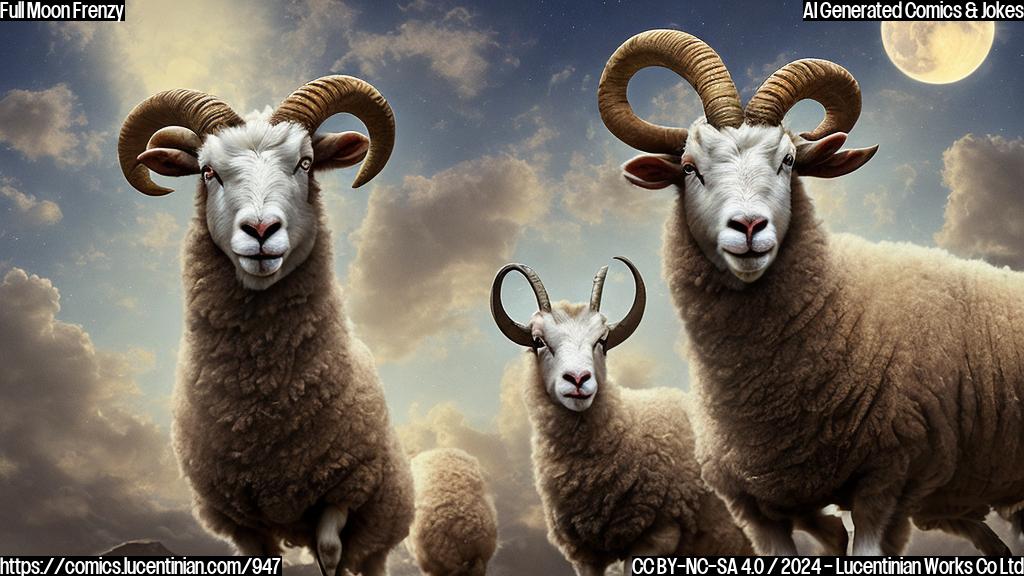 Draw an image of a Ram (a mythological creature with the body of a sheep and the horns of a goat) standing in front of a cityscape at night, looking up at the sky with a puzzled expression. The Ram's eyes should be wide open, and its ears should be perked up. In the background, the moon is visible in the sky, transitioning from Pisces to Aries. The image should have a cartoonish, stylized look with bold lines and bright colors.