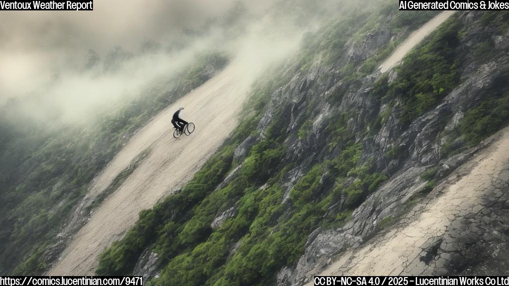 Plain color cartoon style picture of a cyclist struggling up a very tall, steep mountain with wind and rain, and a dark grey cloudy sky.