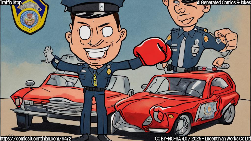 Plain color cartoon style picture of a police officer with a surprised expression holding a boxing glove next to a car.