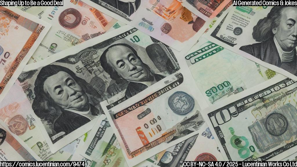 A smiling graph with a slight upward trend, surrounded by tiny dollar signs and stock certificates, with a few Japanese yen bills in the background. The graph should have a slightly worried expression.