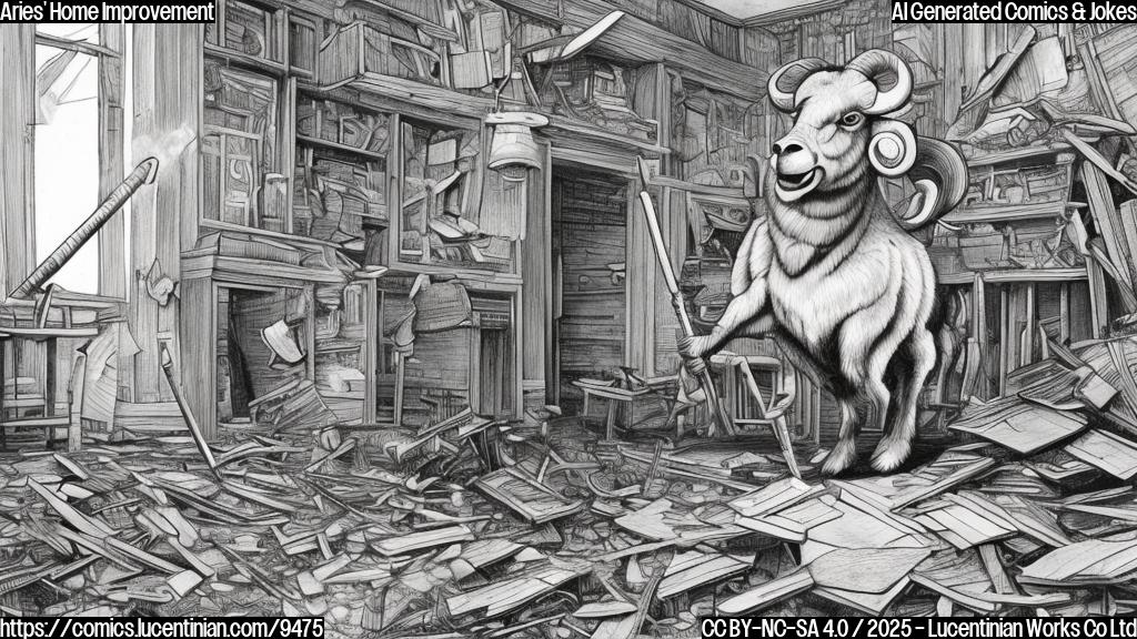 A cartoon-style drawing of a ram, representing Aries, wearing a hard hat and enthusiastically holding a sledgehammer in a messy, half-demolished living room. The room is filled with scattered furniture and construction debris. The color should be plain.