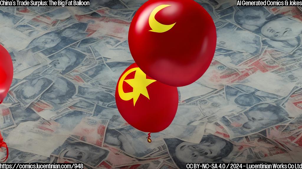 A large, red, inflated balloon with a Chinese flag attached to its neck, floating in the air amidst a chaotic background of economic charts and graphs.
