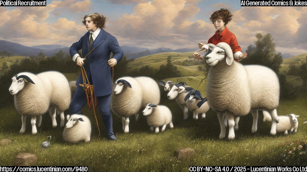 Plain color cartoon style picture of a sheepdog herding votes (represented as stylized sheep) into a ballot box. The background is a simple landscape with rolling hills.