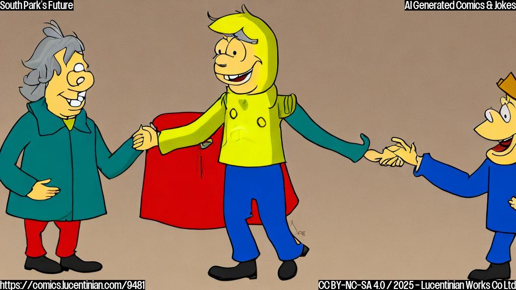 A simple cartoon image. A smiling yellow character wearing a red coat shakes hands with a smiling orange character in a blue jacket. The background is a plain green color.