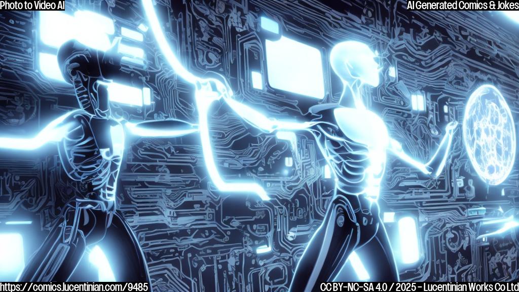 Plain color cartoon style picture of a stubborn-looking photograph arguing with a sleek, futuristic computer with a screen displaying video editing software. The photograph has arms and legs and is shaking its fist. The computer has a thought bubble showing video clips. The background is a solid light blue.