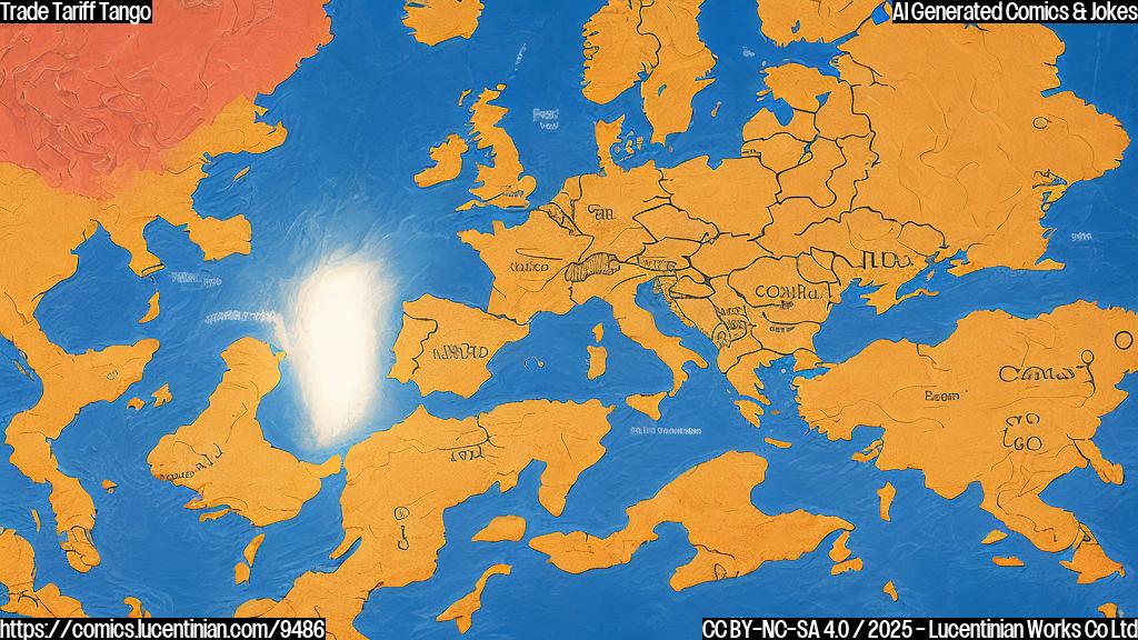 Cartoon style image of two landmasses, one resembling North America and the other Europe, holding hands and awkwardly waltzing together on a stage. A spotlight shines on them.