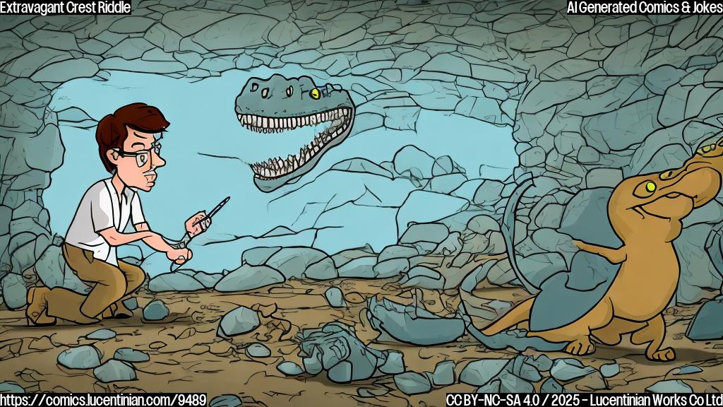 A simple, plain cartoon style image. A frustrated paleontologist with a magnifying glass looking at a reptile fossil. The reptile has a large, unidentifiable crest on its back. The background is a light blue.