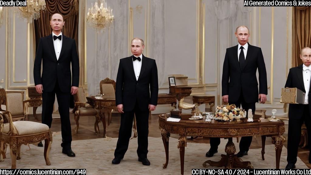 A man stands with a stern expression, wearing a suit and holding a briefcase containing two lifeless batteries. To his right stands Vladimir Putin, dressed in a tuxedo, also holding a lifeless battery. The background is a dimly lit room with a table in the middle where two chairs are placed.