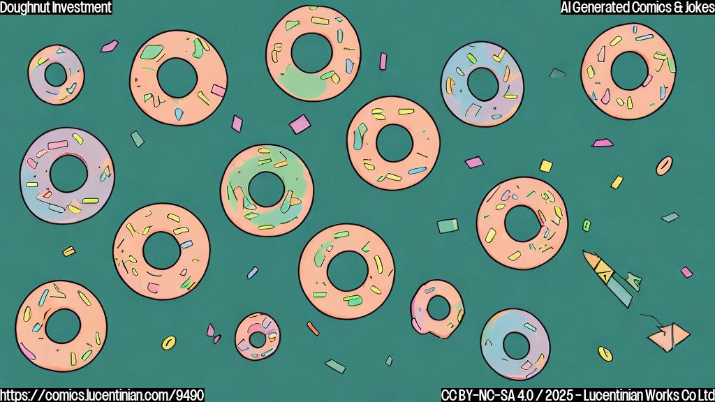 Plain color cartoon illustration of a stack of colorful doughnuts arranged like a stock chart trending upwards. A small green arrow points upward next to the stack. Simple background.