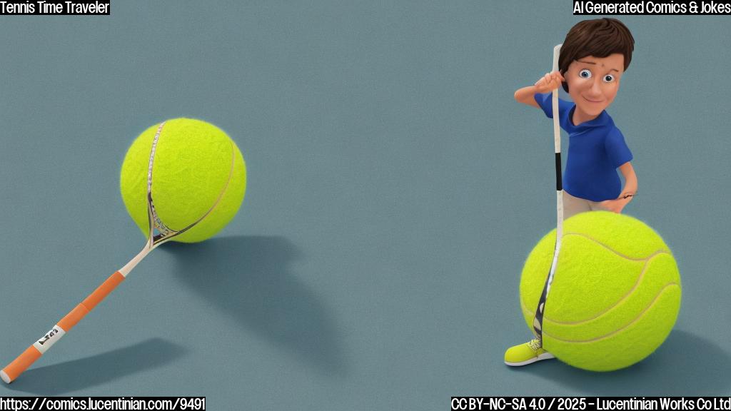 A bright yellow tennis ball with a comically oversized walking stick, looking bewildered and slightly hunched over. Background: plain light blue. Cartoon style.
