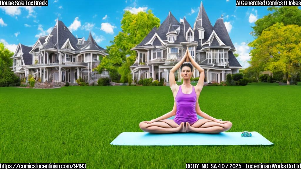 A cartoon-style house doing a yoga pose on a green lawn, with a speech bubble saying "Namaste". The background is a plain blue sky.