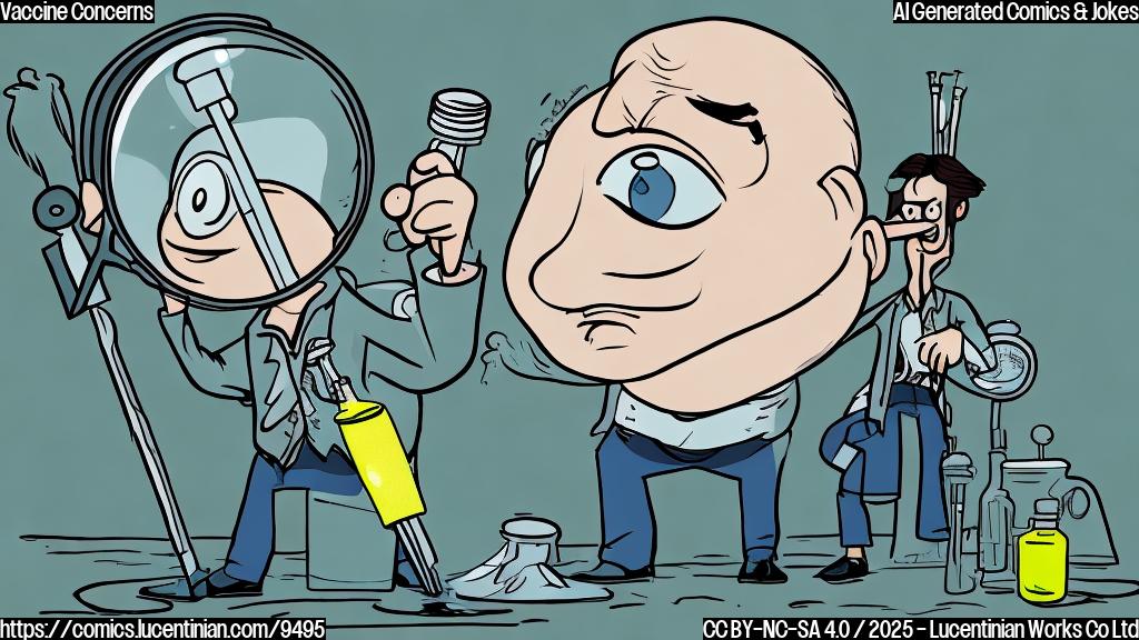A worried cartoon person with a magnifying glass inspecting a syringe filled with clear liquid. The background is a plain light yellow.