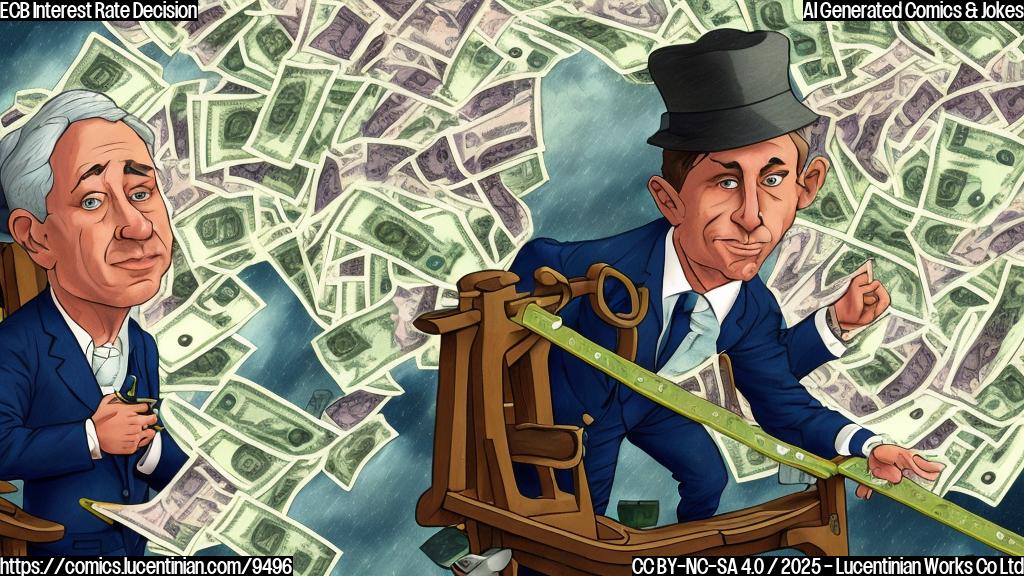 Plain color cartoon style. A confused-looking banker with a suit made of euro bills, sweating and holding a seesaw balanced with gold coins on one side and question marks on the other. Background is a storm.