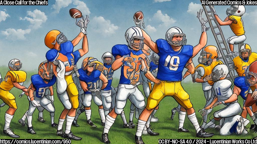 Draw a cartoon of a coach holding a ladder while standing on a field with football players in the background, wearing helmets and holding pads. The coach should be smiling and looking upwards at the ladder.