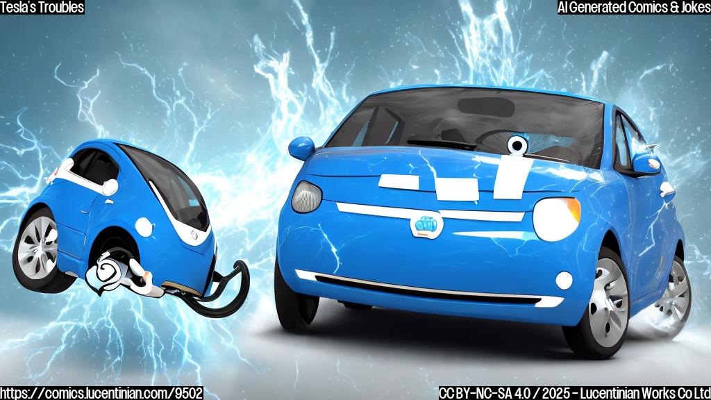 Cartoon style image of a blue and white electric car nose-diving with a worried face on the windshield. The background is a plain light gray color.