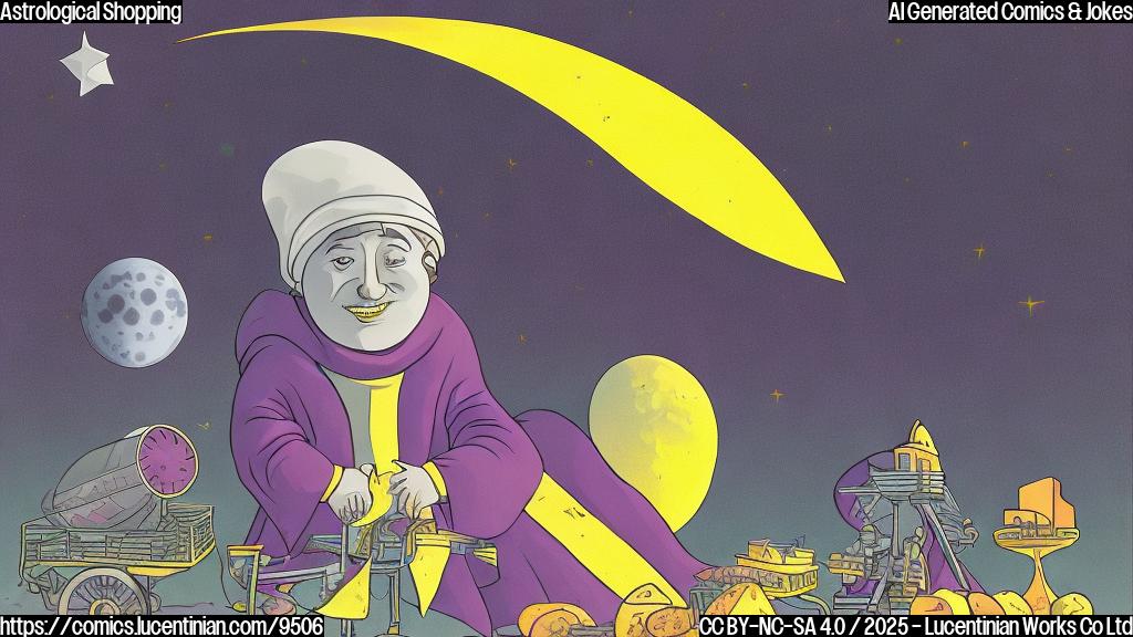 Plain color cartoon style picture. A purple robed figure with a tall pointed hat stands next to a large shopping cart filled with round yellow cheese wheels. In the background, a large telescope points towards a smiling crescent moon in a dark blue sky.