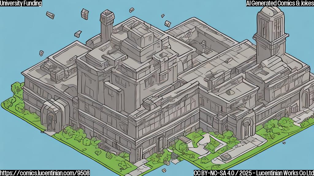 Plain color cartoon style of a generic university campus building with dollar signs floating away from it and a frown.