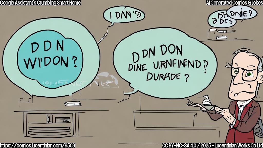 A plain color cartoon style image of a confused-looking smart home device with a speech bubble saying "I don't understand!"