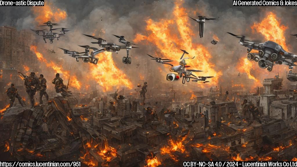 a Russian soldier holding a ladder, with a group of enemy soldiers and drones in the background, surrounded by a cityscape with buildings on fire. The ladder is leaning against a drone that is hovering above it.