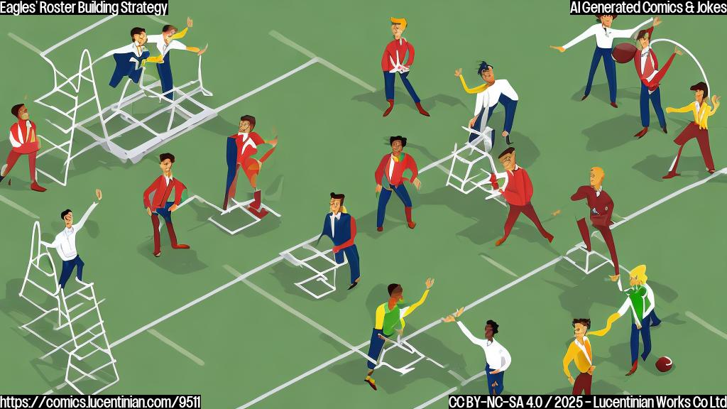 A cartoon style plain illustration of a short, stout man in a business suit holding a comically large ladder in the middle of a green football field, with various football players in generic uniforms looking confused in the background. The color palette is bright and cheerful.