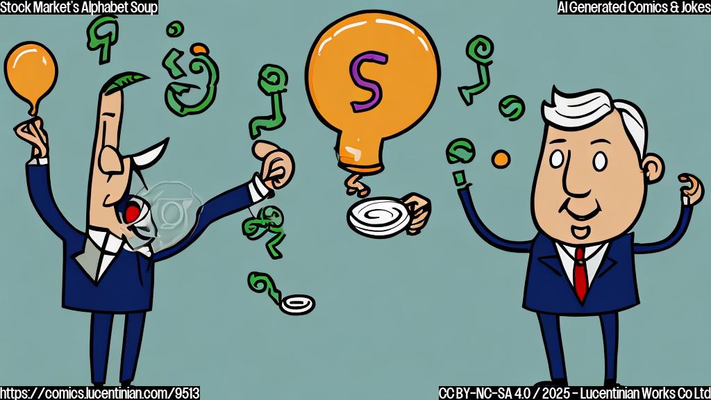 A cartoon drawing of a person in a suit standing in front of a stock chart with green upward arrows. The person is holding a bowl of alphabet soup with letter-shaped noodles floating in it. The background is a plain light blue color.