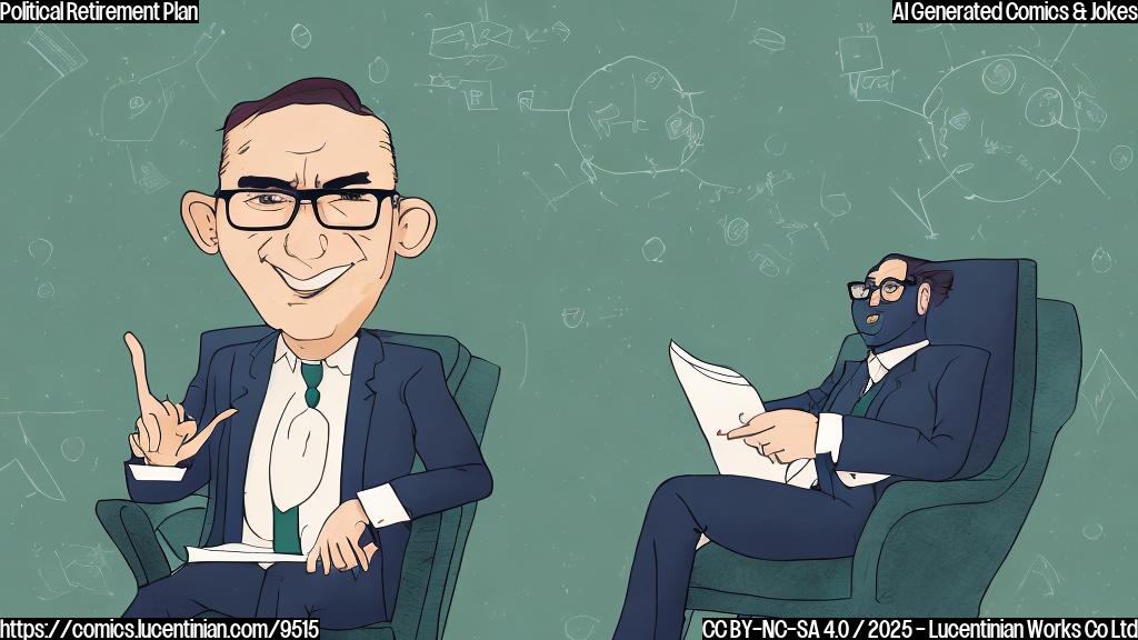 Cartoon style image. A green colored man with glasses, wearing a suit and tie, sitting in a comfortable armchair with a relaxed expression, a calendar on the wall behind him showing the date 2026 crossed out. The background is a plain light blue color.