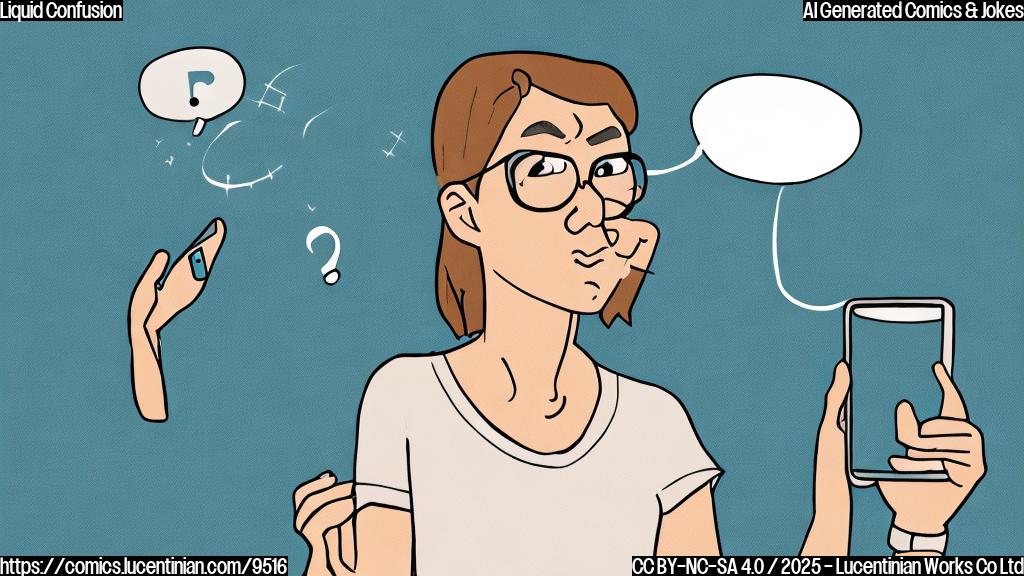 A cartoon-style image depicting a confused user staring at a smartphone. The smartphone screen shows a visually appealing interface that looks like liquid glass. The user has a question mark floating above their head and is holding a straw, unsure if they should touch the screen or drink it. The background is a plain light blue.