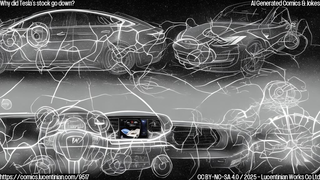A cartoon of a person trying to shift the gears of a car, but the gearshift is stuck and the car won't budge, with a disappointed expression on their face in front of a background of falling stock prices and a Tesla logo. The car's headlights are dimmed, symbolizing the lack of progress.