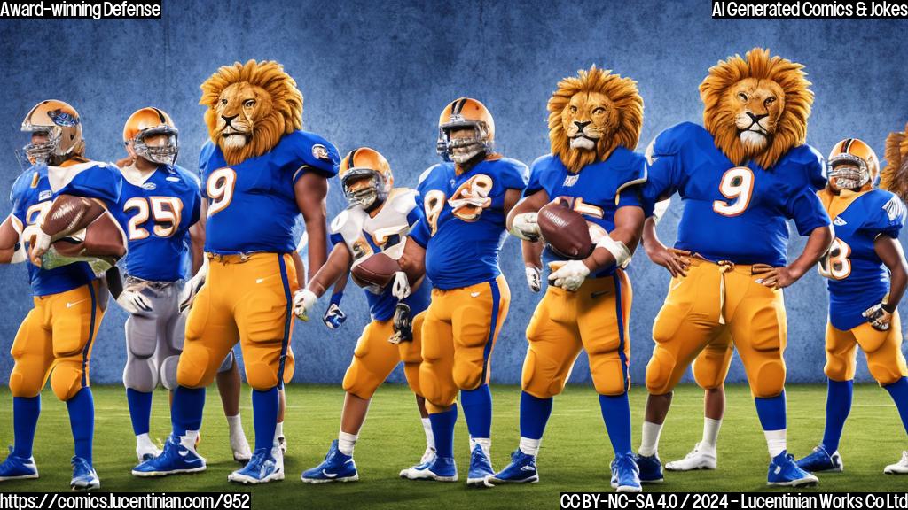 A large, cartoonish lion wearing a football helmet and holding a defensive tackle's pads is standing next to a tall ladder. The lion has a determined look on its face. In the background, there are two other football players, one with a blue jersey and one with an orange jersey, both looking surprised and excited.
