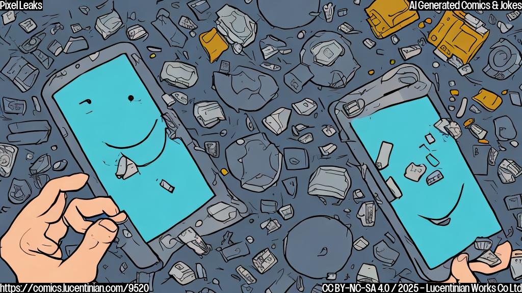 A cartoon style drawing with a single, flat color background. In the foreground, a slightly smiling smartphone with visible internal components is extending a hand towards a broken smartphone lying on the ground. The broken smartphone looks sad.