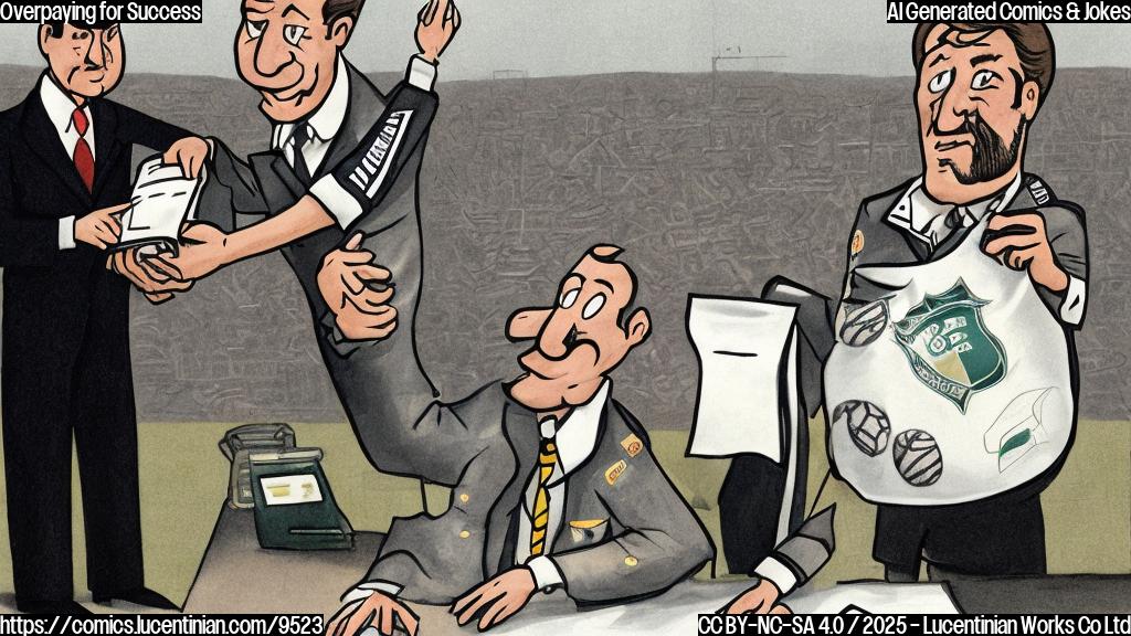 Cartoon of a football team owner with a giant money bag, looking stressed while signing a contract with a tall football player in uniform. The background is a simple, plain color, showing a football stadium far away.