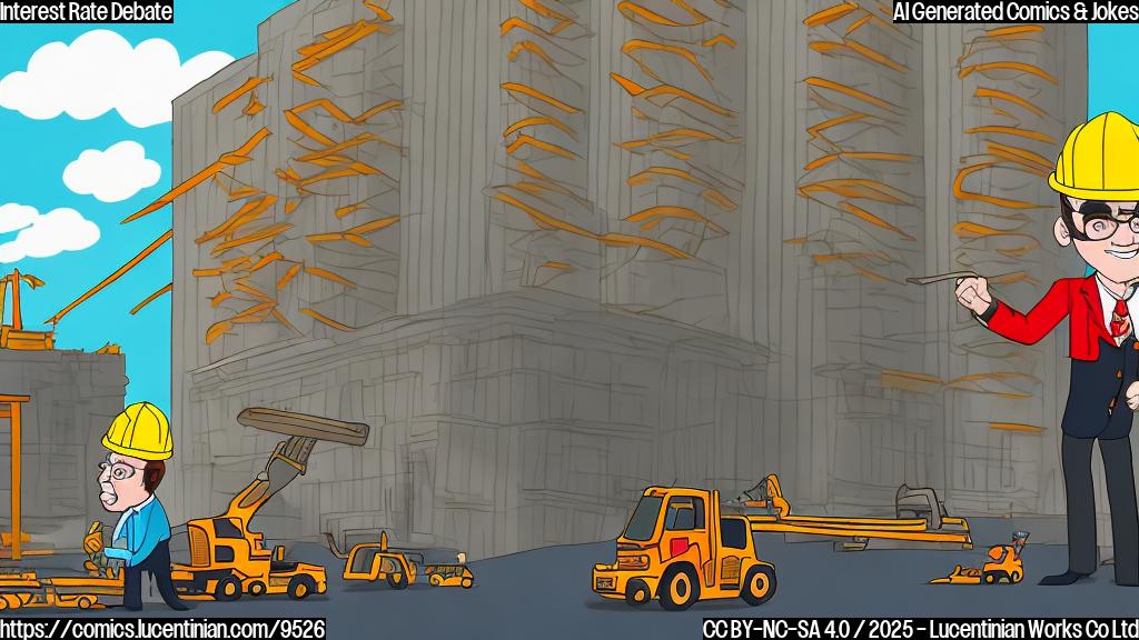 cartoon style, plain background, a person wearing a suit and red tie directing a construction crew (wearing yellow helmets) towards a large building with a sign that says "The Central Bank"