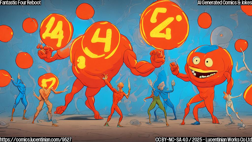Four plain color cartoon characters, one muscular orange rock-like creature, one stretching flexible man in blue, one invisible woman in blue, and one flaming man, standing in front of a giant number "4" with a big red circle around it and a line through it, cartoon style.