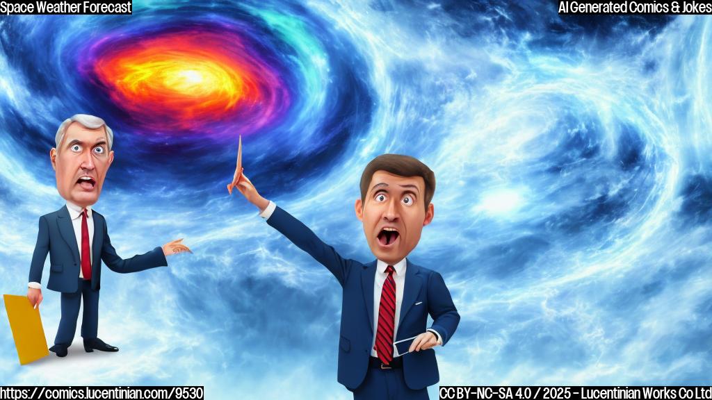 A cartoon image of a frustrated looking meteorologist standing in front of a giant screen displaying a colorful but turbulent magnetosphere. The meteorologist is wearing a suit and tie and holding a clipboard with a bewildered expression. The background is a plain light blue. The overall style is simple and colorful, like a children's book illustration.