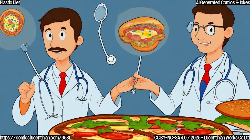 A plain color cartoon style picture of a doctor, with a white coat and stethoscope, looking concerned at a tiny microplastic shaped like a common food item, such as a burger or pizza slice. The background is a light blue.