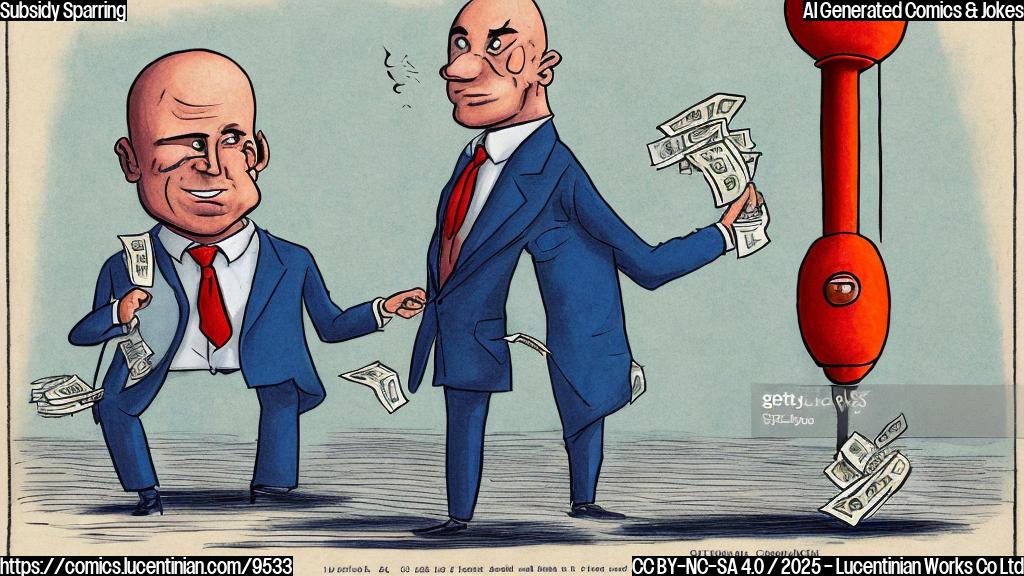 A cartoon drawing of a muscular, bald businessman with a rocket on his back, refusing a pile of money handed to him by a man with orange skin and a red tie. The background is a simple plain light blue color.