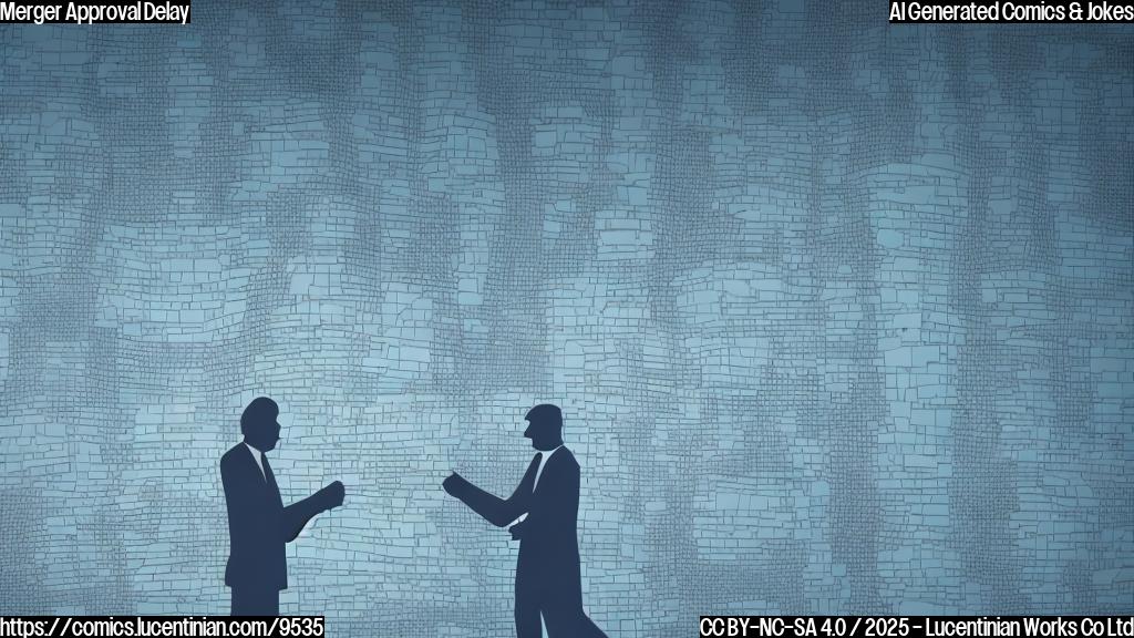 Plain cartoon of two large, faceless corporate buildings hesitantly holding hands, with a very long document (contracts) unrolling between them, spanning the whole picture. The background is a solid light blue.